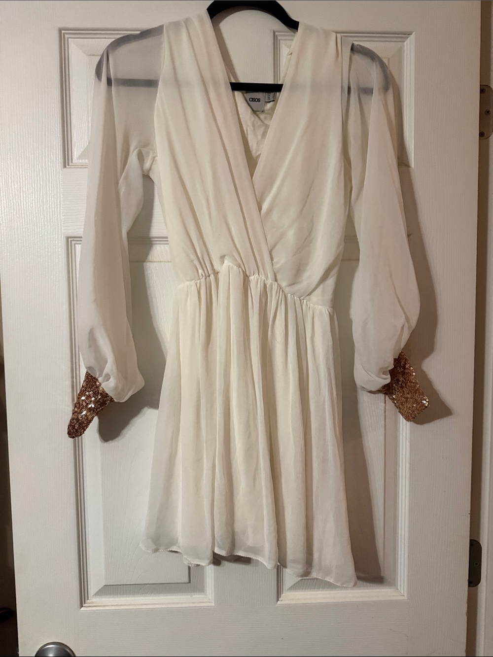 ASOS White Long-Sleeve Wrap Mini Dress with Gold Sequin Cuffs size 2